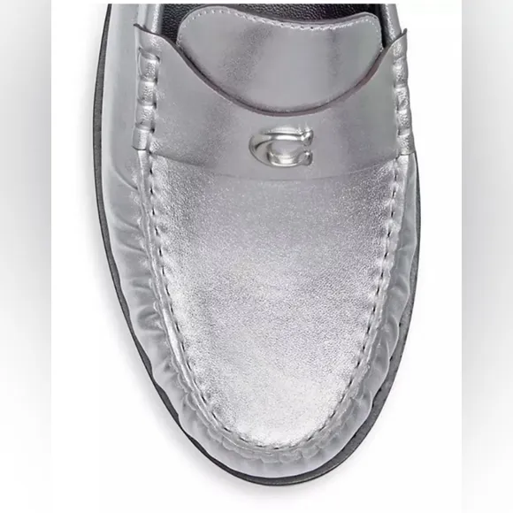 NEW Coach Jolene Silver Metallic Leather Slip On Loafer Size 6.5B