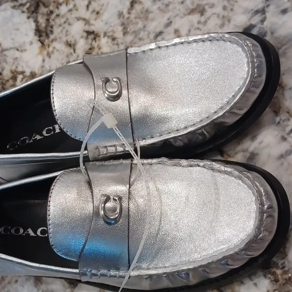 NEW Coach Jolene Silver Metallic Leather Slip On Loafer Size 6.5B