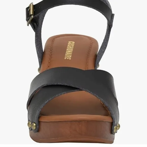 NEW! CUSHIONAIRE Slate Faux Wooden Heel Sandals Black 8.