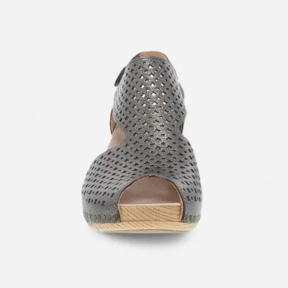 NEW Dansko Teagan Perforated Leather Peep Toe Heeled Sandals in Gunmetal