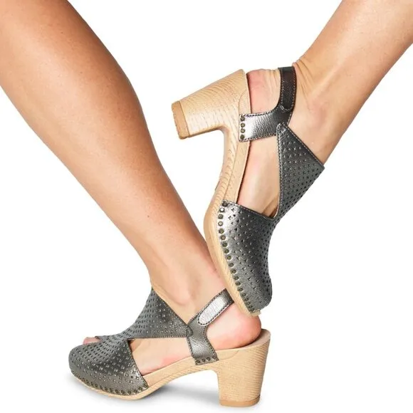 NEW Dansko Teagan Perforated Leather Peep Toe Heeled Sandals in Gunmetal