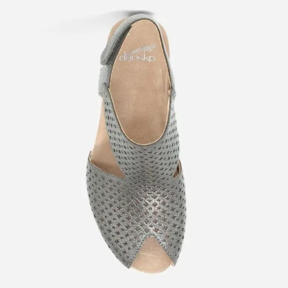 NEW Dansko Teagan Perforated Leather Peep Toe Heeled Sandals in Gunmetal