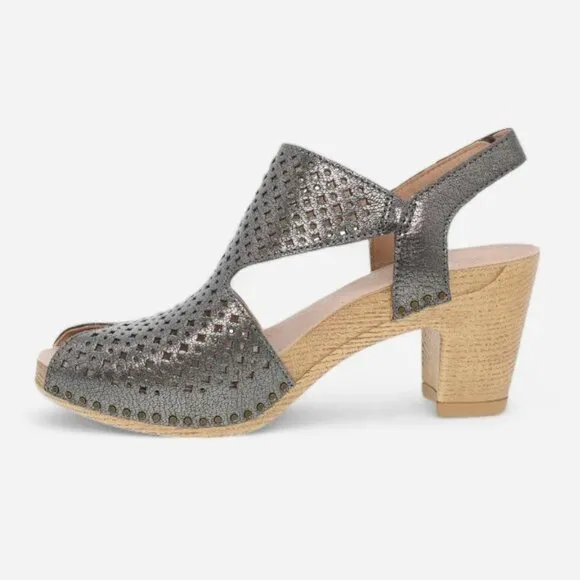 NEW Dansko Teagan Perforated Leather Peep Toe Heeled Sandals in Gunmetal