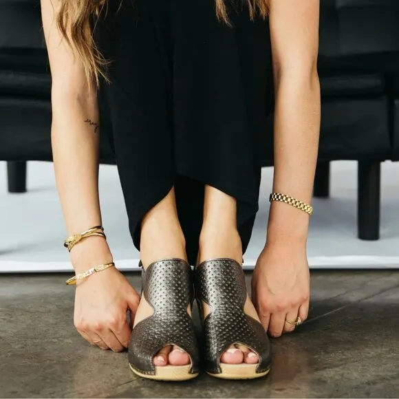 NEW Dansko Teagan Perforated Leather Peep Toe Heeled Sandals in Gunmetal
