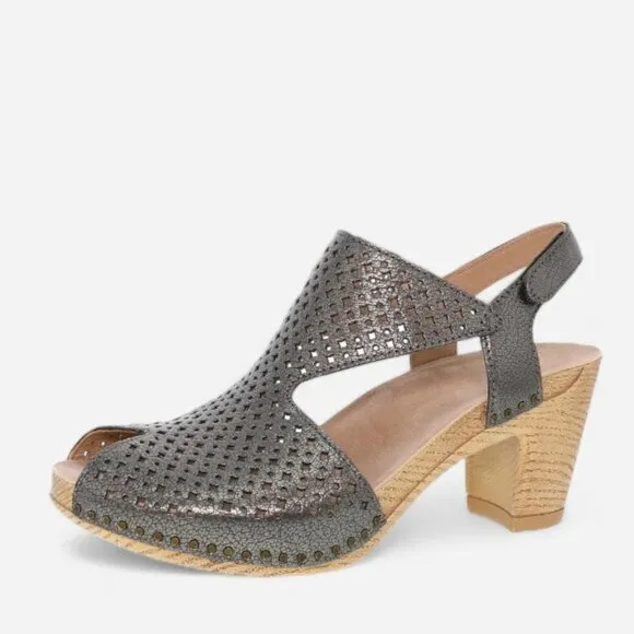 NEW Dansko Teagan Perforated Leather Peep Toe Heeled Sandals in Gunmetal