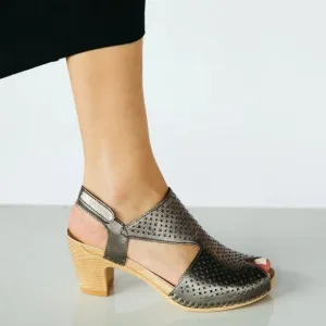 NEW Dansko Teagan Perforated Leather Peep Toe Heeled Sandals in Gunmetal