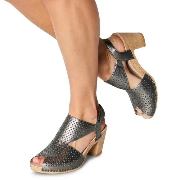 NEW Dansko Teagan Perforated Leather Peep Toe Heeled Sandals in Gunmetal