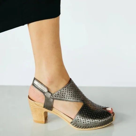 NEW Dansko Teagan Perforated Leather Peep Toe Heeled Sandals in Gunmetal