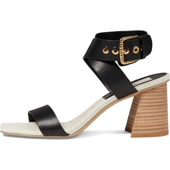 NEW Dolce Vita Paytin Heels Black Leather Gold Buckle Sandals Womens Size 7