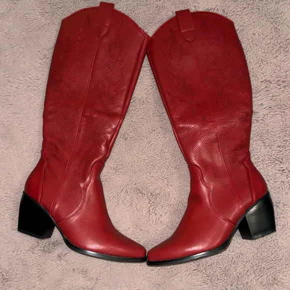 NEW Dream Pairs Women’s Red Cowboy Boots Pull On Embroidered High Boots