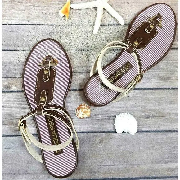 New Dsquared 2 Women 6 / 36 Sandals Brown Leather Flat Ankle Gold T-Strap Shoes