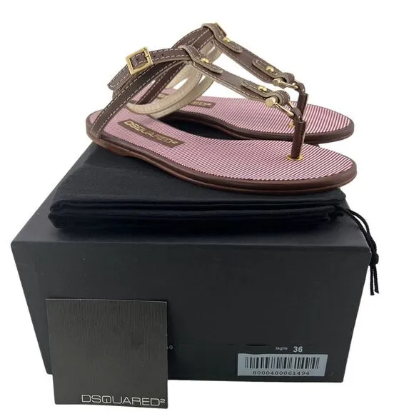 New Dsquared 2 Women 6 / 36 Sandals Brown Leather Flat Ankle Gold T-Strap Shoes