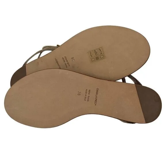 New Dsquared 2 Women 6 / 36 Sandals Brown Leather Flat Ankle Gold T-Strap Shoes