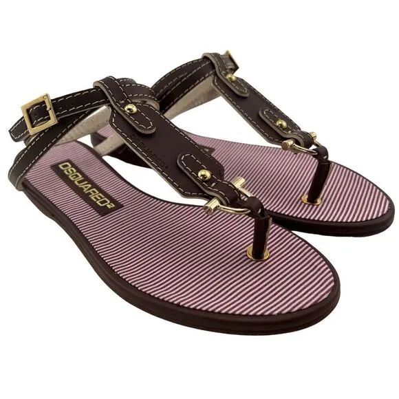 New Dsquared 2 Women 6 / 36 Sandals Brown Leather Flat Ankle Gold T-Strap Shoes