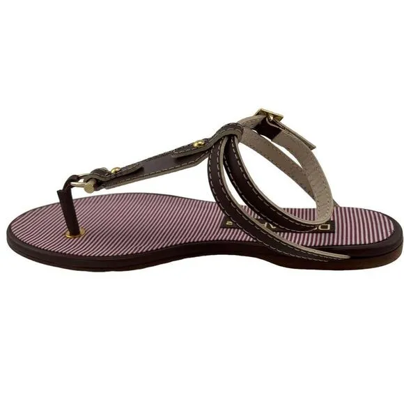 New Dsquared 2 Women 6 / 36 Sandals Brown Leather Flat Ankle Gold T-Strap Shoes