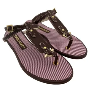 New Dsquared 2 Women 6 / 36 Sandals Brown Leather Flat Ankle Gold T-Strap Shoes