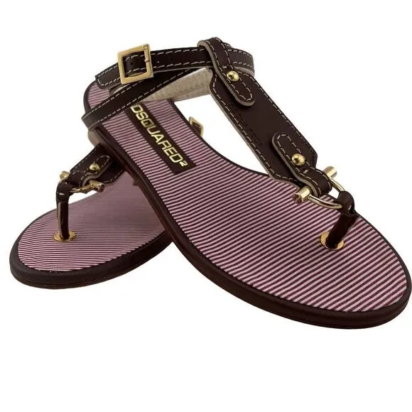 New Dsquared 2 Women 6 / 36 Sandals Brown Leather Flat Ankle Gold T-Strap Shoes