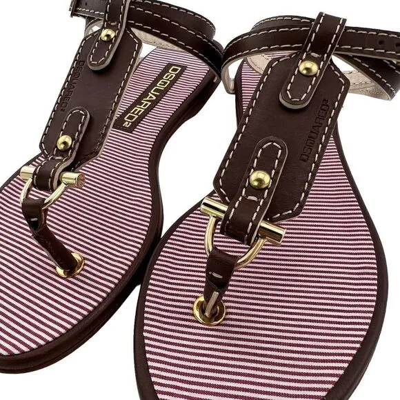 New Dsquared 2 Women 6 / 36 Sandals Brown Leather Flat Ankle Gold T-Strap Shoes