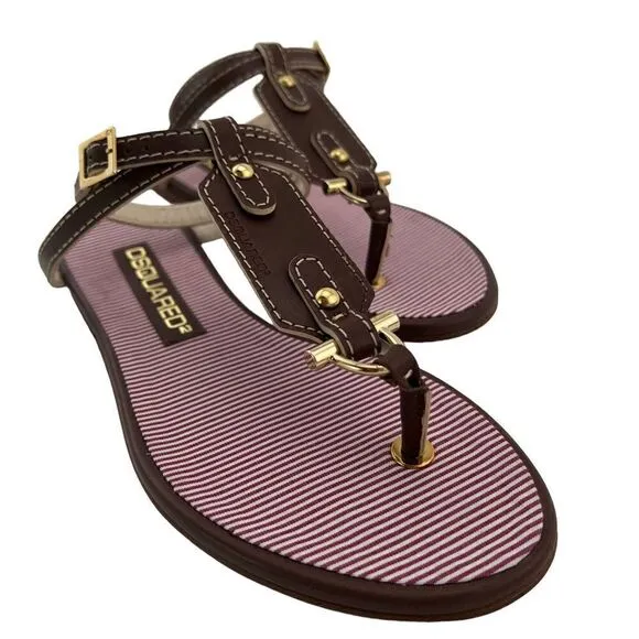 New Dsquared 2 Women 6 / 36 Sandals Brown Leather Flat Ankle Gold T-Strap Shoes