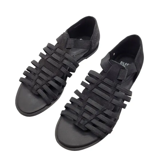 New Eileen Fisher Rato Sandals Sz 7.5 Black Slip On Elastic Sandal Stretch flats