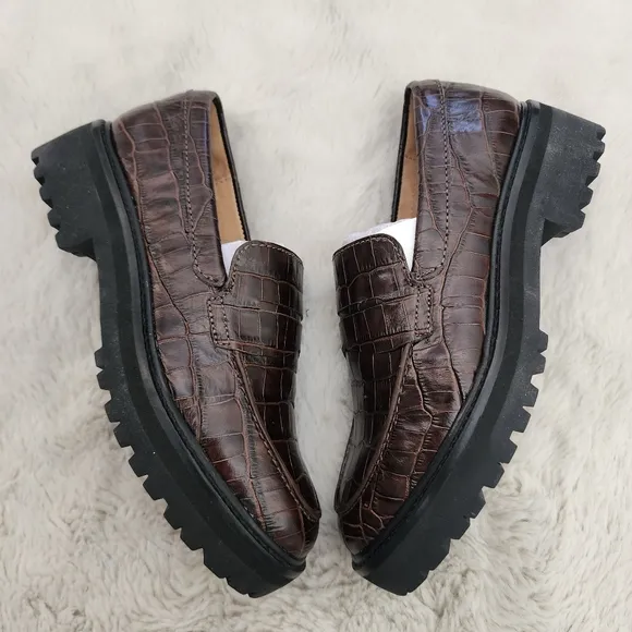 NEW Everlane The Lug Brown Crocodile Leather Chunky Loafers