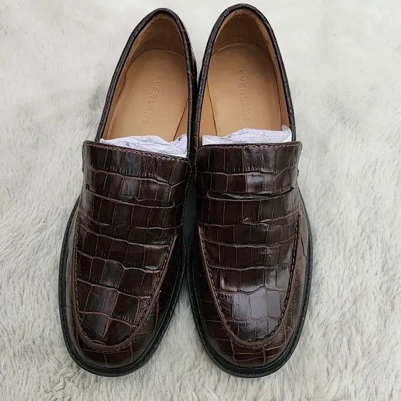 NEW Everlane The Lug Brown Crocodile Leather Chunky Loafers