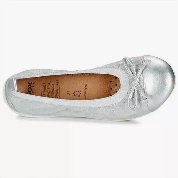 NEW GEOX girls piuma leather ballet flats in silver