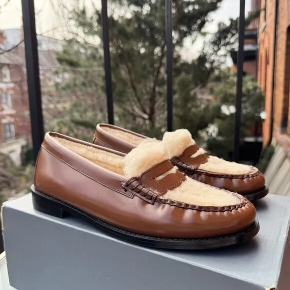 NEW GH Bass Whitney Cozy Weejuns Loafers Shoes Shearling Fleece Brown Leather