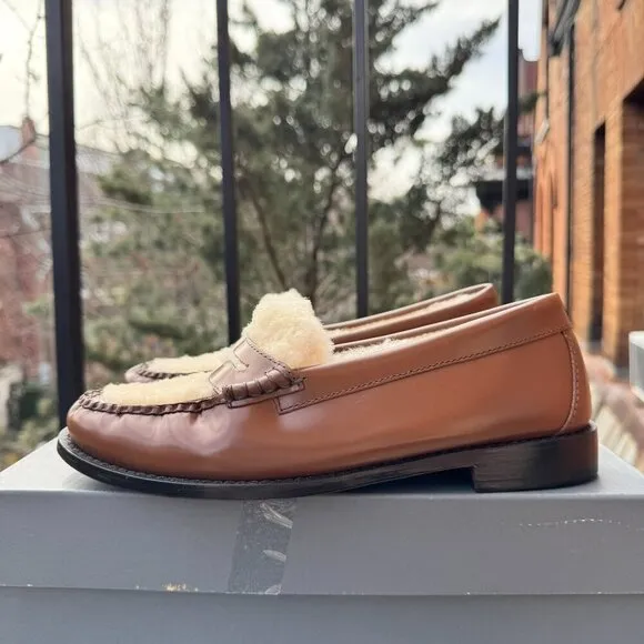 NEW GH Bass Whitney Cozy Weejuns Loafers Shoes Shearling Fleece Brown Leather