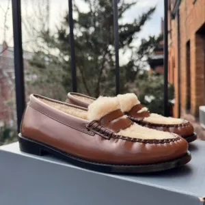 NEW GH Bass Whitney Cozy Weejuns Loafers Shoes Shearling Fleece Brown Leather