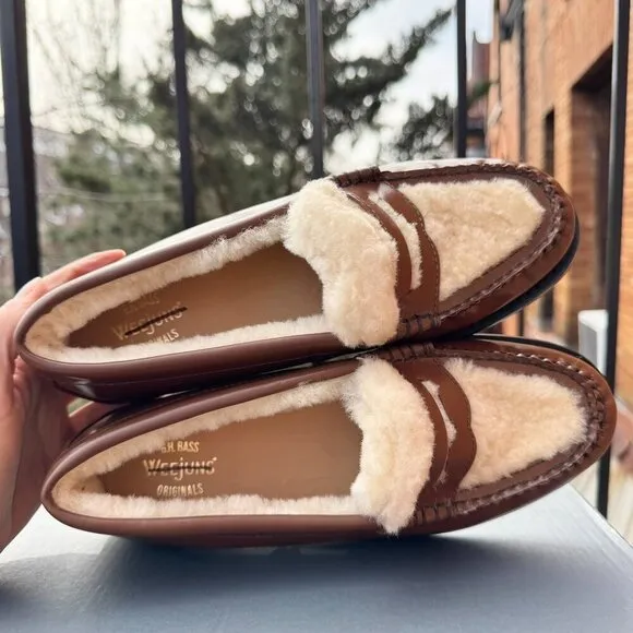 NEW GH Bass Whitney Cozy Weejuns Loafers Shoes Shearling Fleece Brown Leather