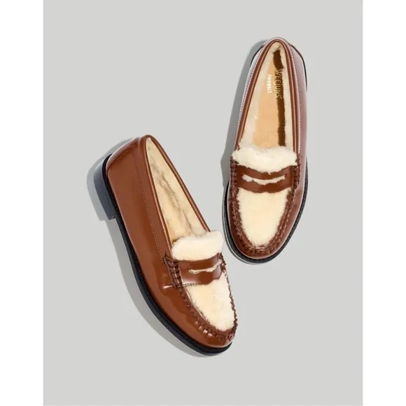NEW GH Bass Whitney Cozy Weejuns Loafers Shoes Shearling Fleece Brown Leather