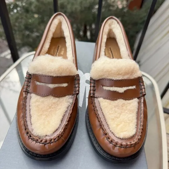 NEW GH Bass Whitney Cozy Weejuns Loafers Shoes Shearling Fleece Brown Leather