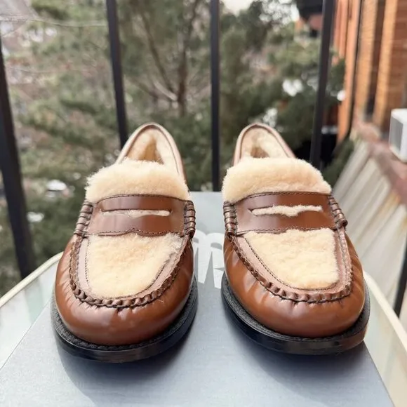 NEW GH Bass Whitney Cozy Weejuns Loafers Shoes Shearling Fleece Brown Leather