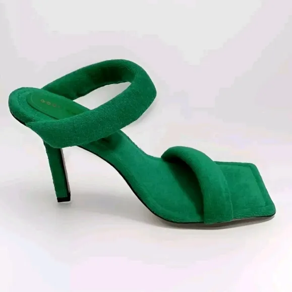 NEW Good American Women's Green Terry Slip On Square Toe High Heel Sandals US 9
