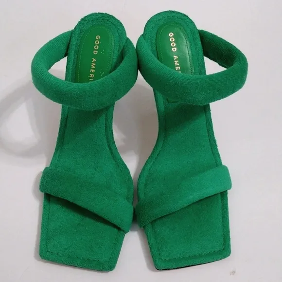 NEW Good American Women's Green Terry Slip On Square Toe High Heel Sandals US 9