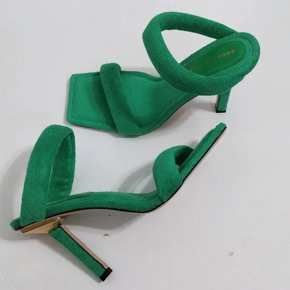 NEW Good American Women's Green Terry Slip On Square Toe High Heel Sandals US 9