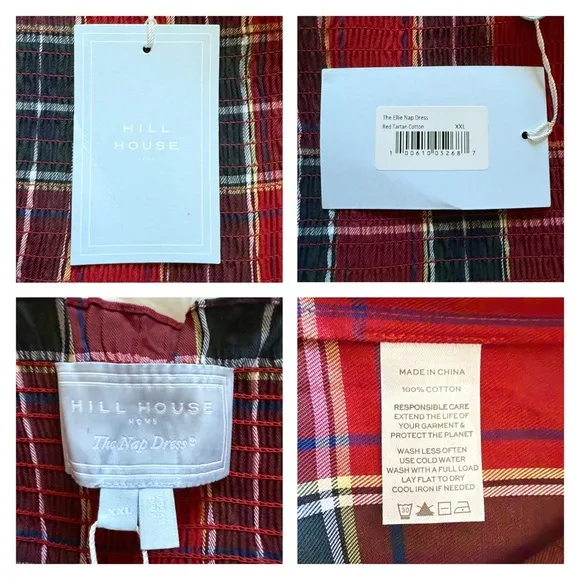 New! HILL HOUSE Ellie Nap Plaid Midi Dress in Red Tartan