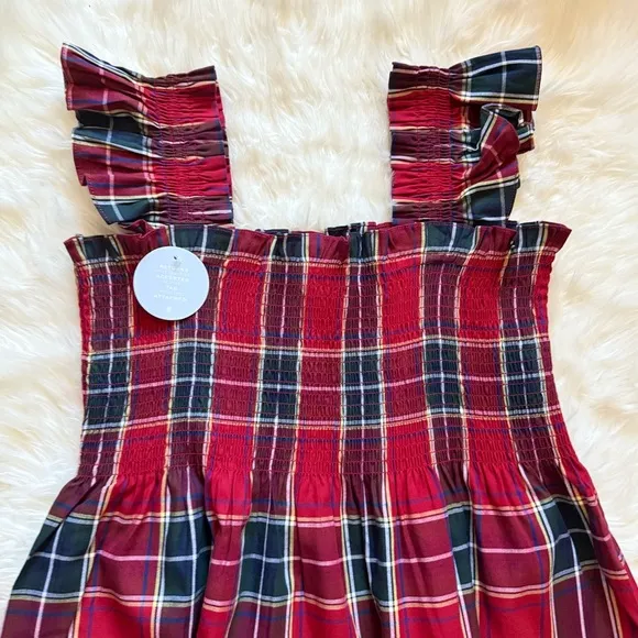 New! HILL HOUSE Ellie Nap Plaid Midi Dress in Red Tartan