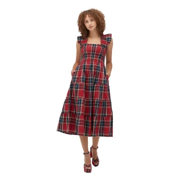 New! HILL HOUSE Ellie Nap Plaid Midi Dress in Red Tartan