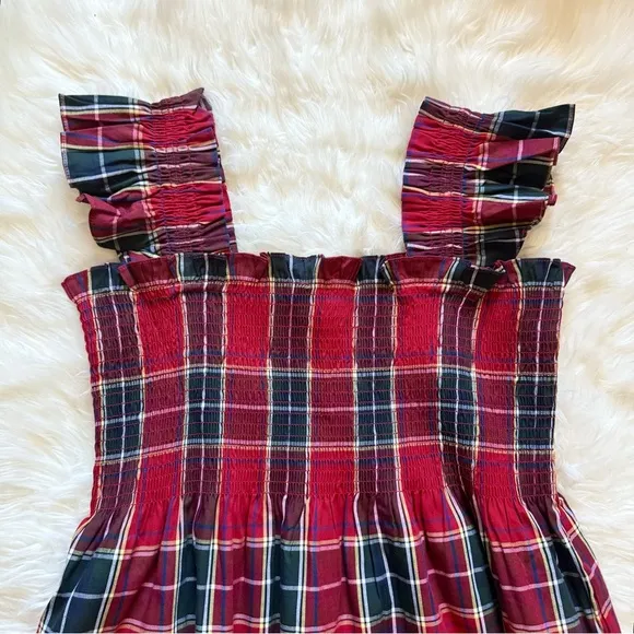 New! HILL HOUSE Ellie Nap Plaid Midi Dress in Red Tartan