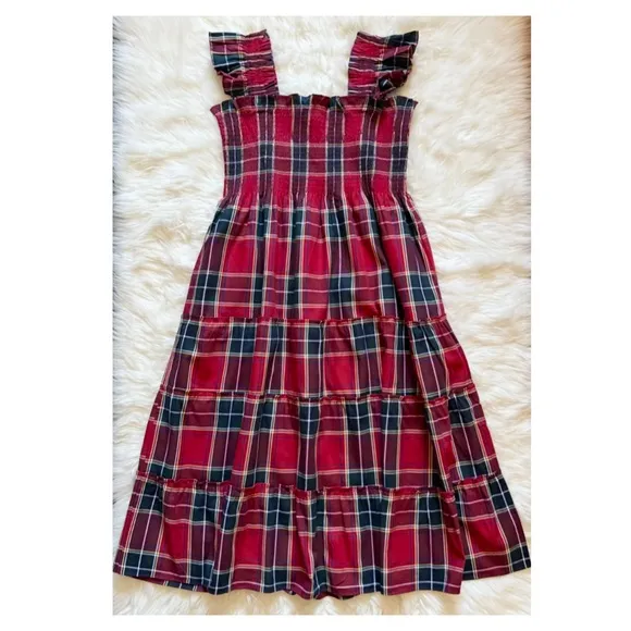 New! HILL HOUSE Ellie Nap Plaid Midi Dress in Red Tartan