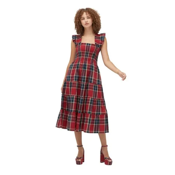 New! HILL HOUSE Ellie Nap Plaid Midi Dress in Red Tartan