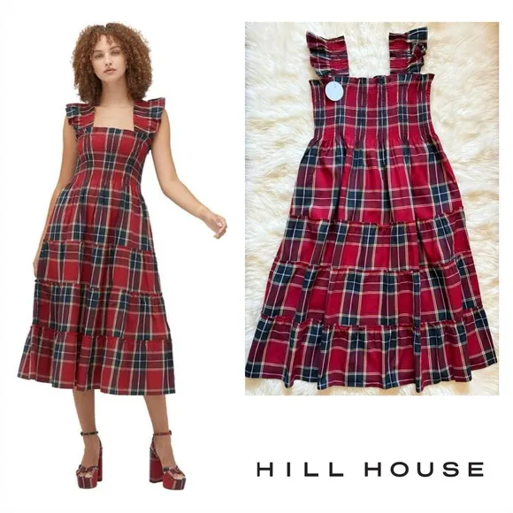 New! HILL HOUSE Ellie Nap Plaid Midi Dress in Red Tartan