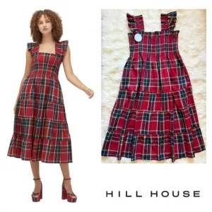 New! HILL HOUSE Ellie Nap Plaid Midi Dress in Red Tartan
