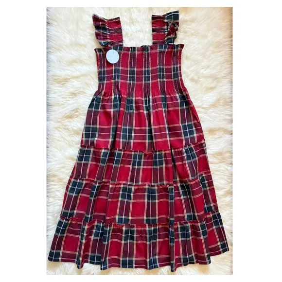 New! HILL HOUSE Ellie Nap Plaid Midi Dress in Red Tartan