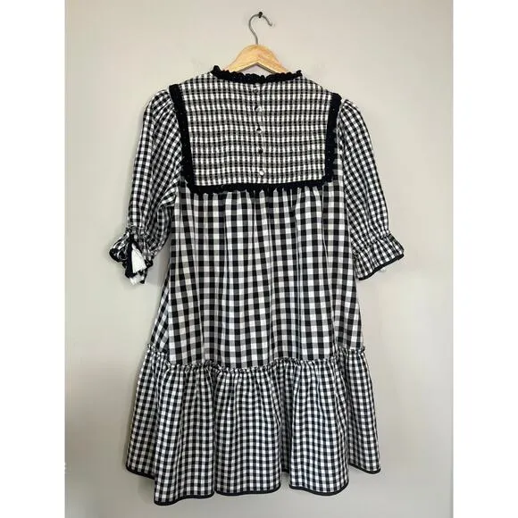 NEW Hunter Bell Megan Gingham Smocked Puff Sleeve Black &amp; White Mini Dress