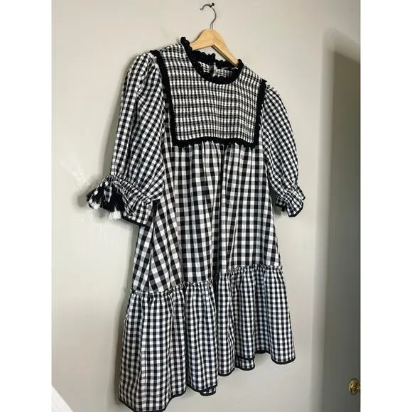 NEW Hunter Bell Megan Gingham Smocked Puff Sleeve Black &amp; White Mini Dress