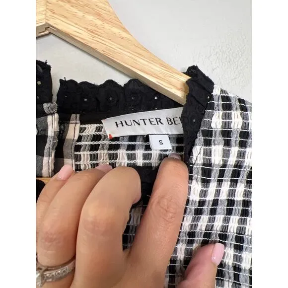 NEW Hunter Bell Megan Gingham Smocked Puff Sleeve Black &amp; White Mini Dress