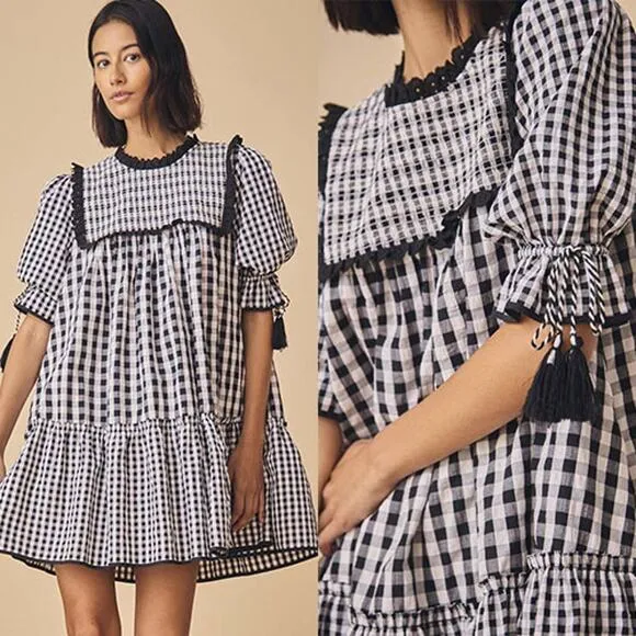 NEW Hunter Bell Megan Gingham Smocked Puff Sleeve Black &amp; White Mini Dress